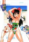  3girls adjusting_clothes adjusting_swimsuit armpits arms_up beach bikini black_hair blue_hair breasts cleavage hinata_aki hinata_fuyuki hinata_natsumi keroro keroro_gunsou large_breasts multiple_girls nishizawa_momoka non-web_source one-piece_swimsuit one_eye_closed plaid plaid_bikini shoshinsha_mark side-tie_bikini swimsuit tamama yoshizaki_mine 