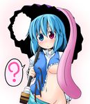  ? blue_dress blue_hair blush breasts dress groin heterochromia hole ichimi karakasa_obake long_tongue medium_breasts midriff no_bra no_panties purple_umbrella short_hair solo tatara_kogasa tongue torn_clothes touhou umbrella underboob upper_body 