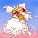  :d ^_^ blonde_hair bow capelet closed_eyes dress fairy hair_bow happy hat lily_white long_hair open_mouth outstretched_arms sash smile solo spread_arms supon touhou wings 