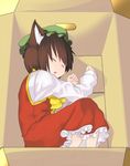  absurdres animal_ears box brown_eyes cat_ears chen hat highres in_box in_container kir short_hair sleeping solo touhou 