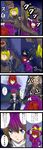  4koma ^_^ absurdres aldehyde blue_eyes bow brown_hair closed_eyes comic crescent dinosaur flandre_scarlet gantz gradient_hair gun hat hat_bow hat_removed headwear_removed highres hijiri_byakuren kirisame_marisa kirisame_marisa_(pc-98) long_hair multicolored_hair multiple_girls purple_hair red_hair tears touhou touhou_(pc-98) translation_request weapon yellow_eyes yukkuri_shiteitte_ne 