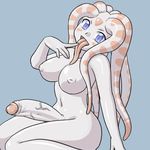  1girl blue_eyes breasts decensored erection futanari grey_skin huge_penis inverted_nipples long_tongue looking_at_viewer monster_girl navel nipples nude octopus penis purple_bonus sea_angel simple_background sitting solo tentacle tentacle_hair tentacles tongue tongue_out uncensored zanburg 