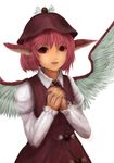  absurdres animal_ears bad_id bad_pixiv_id claws fingernails hands_clasped hat highres long_fingernails long_sleeves mizuti mystia_lorelei open_mouth own_hands_together pink_hair red_eyes short_hair simple_background smile solo touhou upper_body wings 