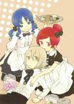  2girls blue_hair bow food hair_bow hami_(lvct) hanasaki_tsubomi heartcatch_precure! kurumi_erika multiple_girls olivier_(heartcatch_precure!) precure red_hair tray uniform waitress 