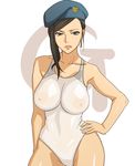  awesome bad_id bad_pixiv_id beret black_hair breasts covered_nipples deadman_wonderland earrings hand_on_hip hat hoop_earrings jewelry large_breasts lips makina_(deadman_wonderland) one-piece_swimsuit solo swimsuit 