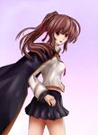  arc_system_works blazblue blazblue_phase_0 breasts brown_eyes brown_hair caelica_a._mercury caelica_a_mercury cape celica_a_mercury female gradient gradient_background jurer long_hair looking_back miniskirt ponytail red_ribbon ribbon skirt solo 