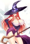  bare_shoulders breasts cleavage detached_sleeves dragon's_crown dress hand_on_hip hat highres huge_breasts ishida_hiroyuki purple_eyes red_hair side_slit solo sorceress_(dragon's_crown) staff strapless strapless_dress 
