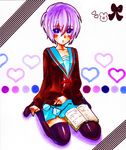  blush book cardigan heart jacket megane nagato_yuki purple_eyes purple_hair ribbon suzumiya_haruhi_no_yuuutsu tagme thighhighs 