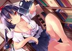  bare_shoulders black_hair book bookshelf bra breasts camera dress_shirt hat highres inkwell lingerie looking_at_viewer medium_breasts mikan_(bananoha) off_shoulder one_eye_closed open_clothes open_shirt panties pink_bra pink_panties pleated_skirt quill red_eyes shameimaru_aya shirt short_hair sitting skirt smile solo touhou underwear 