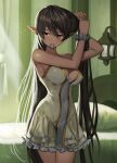  1girl adjusting_hair armpits bare_shoulders bed bedroom black_hair breasts cleavage closed_mouth commentary_typo curtains dark-skinned_female dark_elf dark_skin dress elf grey_scrunchie highres large_breasts long_hair looking_to_the_side mouth_hold original pillow pointy_ears scrunchie solaris_(sinhyg) solo standing thighs very_long_hair white_dress wrist_scrunchie yellow_eyes 