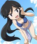  a_channel alternate_hairstyle bikini bioroid_hei black_hair breasts brown_eyes cleavage cloud collarbone day front-tie_top hair_tucking hair_up hanging_breasts large_breasts leaning_forward long_hair midriff navel nishi_yuuko ponytail sash side-tie_bikini sky smile solo swimsuit tsurime 