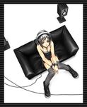  artist_request black black_hair boots breasts cleavage couch cross from_above headphones jewelry medium_breasts necklace original over-kneehighs short_hair solo speaker thighhighs wristband 