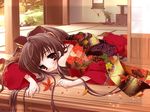  2003 autumn bare_shoulders blush bow brown_eyes brown_hair english expressionless floral_print garden hair_bow hair_in_mouth indoors interior itou_noiji japanese_clothes kimono komorebi_ni_yureru_tamashii_no_koe leaf long_hair looking_at_viewer lying maple_leaf off_shoulder ponytail porch red_kimono ribbon sliding_doors solo sui_(komorebi) very_long_hair yukata 