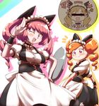  akiha_rumiho animal_ears anyamal_tantei_kirumin_zoo blush bow cat_ears crossover drill_hair fang long_hair mahou_shoujo_madoka_magica maid maid_headdress mikogami_riko multiple_girls one_eye_closed open_mouth orange_hair pink_eyes pink_hair salute shimetta_seiya skirt_hold smile star steins;gate tomoe_mami twintails 