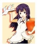  apron bad_id bad_pixiv_id badge bangs blunt_bangs cup drinking_glass highres long_hair menu open_mouth purple_eyes purple_hair solo son_(042kun) tray tsurime waitress working!! yamada_aoi 