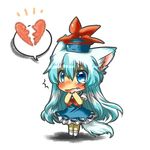  :3 animal_ears bad_id bad_pixiv_id blue_dress blue_eyes blue_hair blush broken_heart chibi dog_ears dog_tail dress fang hand_to_own_mouth hat kamishirasawa_keine kemonomimi_mode long_hair open_mouth rebecca_(keinelove) solo tail tears touhou v-shaped_eyebrows wavy_mouth 