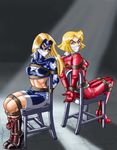  2girls angry blonde blue_eyes bondage boots chair clover costume crossover dc_comics high_heels long_hair mask rope short_hair stargirl super_heroine superheroine tied tied_up 