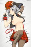  alisa_ilinichina_amiella blue_eyes blush breasts brown_legwear fingerless_gloves gloves god_eater god_eater_burst large_breasts lying navel nipples pantyhose plaid plaid_skirt short_hair silver_hair skirt solo suspender_skirt suspenders youu_(midgard) 