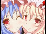  blonde_hair cheek-to-cheek close-up closed_mouth face flandre_scarlet furagu hat letterboxed multiple_girls purple_hair red_eyes remilia_scarlet siblings sisters smile touhou 