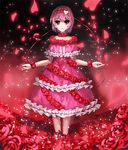  alternate_costume dress eyeball flower gown komeiji_satori outstretched_arms petals purple_hair red_eyes red_flower red_rose rose rose_petals short_hair solo spread_arms standing third_eye touhou vetina 