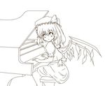  brown flandre_scarlet grand_piano hat hat_ribbon instrument lineart monochrome noorrzz one_side_up piano ponytail ribbon short_hair solo touhou traditional_media wings 