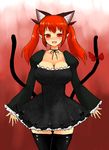  animal_ears black_dress blush bow breasts cat_ears cat_tail choker cleavage dress fang female flower han64 han_(jackpot) highres kaenbyou_rin large_breasts puffy_sleeves red_eyes red_hair sleeveless tail thighhighs touhou twintails zettai_ryouiki 