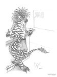  anthro bar clothed clothing dragon ear_piercing equine fin_piercing furry-specific_piercing glass half-dressed horn hybrid incendax male mammal piercing plain_background scalie shorts solo topless white_background zebra 