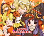  alice_margatroid blonde_hair cake candy food food_as_clothes food_themed_clothes food_themed_hair_ornament futami_yayoi hair_ornament halloween happy_halloween hat jack-o'-lantern kirisame_marisa lollipop multiple_girls pastry patchouli_knowledge pumpkin pumpkin_hair_ornament pumpkin_hat shanghai_doll swirl_lollipop touhou vampire witch_hat 