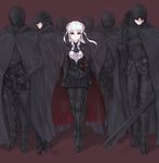  6+boys armor belt black_legwear buckle bullet cloak gun helmet highres kazuoki multiple_boys original pantyhose red_eyes scope standing sword weapon white_hair 