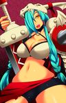  aqua_hair bra braid breasts cleavage digimon digimon_xros_wars female giant_sword gradient gradient_background highres large_breasts long_hair mervamon midriff open_mouth solo sword twin_braids underwear weapon 