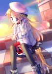  absurdres blonde_hair blue_eyes braid cat cloud copyright_request food hat highres long_hair mouth_hold pocky side_braid sitting skirt solo takoyaki_(roast) thighhighs 