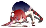  all_fours bent_over blood blue_eyes blush dress female full_body hair_ornament monster_girl multicolored_eyes original ponytail red_eyes scar senkyoku_niban side_ponytail skull solo stitched stitches striped striped_legwear striped_thighhighs thighhighs white_background zombie 