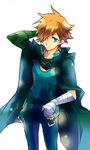  6-k-i-7 bad_id bad_pixiv_id bandages blue_eyes brown_hair cape fate/extra fate_(series) hair_over_one_eye hand_behind_head male_focus robin_hood_(fate) simple_background solo white_background 