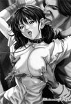  1girl bdsm bondage bound breasts clothes_pin collar copyright_request ear_licking greyscale haruki_(nirvana) hetero highres huge_breasts leash licking monochrome nipple_clamps nipples open_clothes open_shirt shirt slave tears 