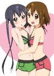  :d :o black_hair blush brown_eyes brown_hair errant hair_ornament hairclip halterneck hirasawa_yui hug k-on! long_hair multiple_girls nakano_azusa navel open_mouth round_teeth short_hair shorts smile swimsuit teeth twintails 