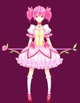  arms_behind_back bow_(weapon) choker dress flower gem hair_ribbon highres kaname_madoka magical_girl mahou_shoujo_madoka_magica mozukugumi pink_eyes pink_flower pink_hair pink_rose puffy_sleeves red_choker ribbon rose shoes short_twintails solo twintails weapon 