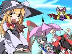  blonde_hair gap hakurei_reimu izayoi_sakuya kirisame_marisa multiple_girls neki-t remilia_scarlet scarf touhou umbrella yakumo_yukari 