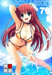  armpits bikini breasts choker cleavage comiket comiket_76 day flower front-tie_top hair_flower hair_ornament large_breasts leaning_forward lens_flare long_hair navel open_mouth original red_hair side-tie_bikini solo splashing swimsuit tomose_shunsaku very_long_hair water 