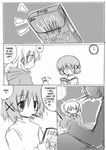  doujinshi food greyscale hard_translated hidamari_sketch miyako monochrome mouth_hold multiple_girls non-web_source pocky translated yuno 