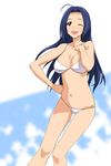  ;d a1 ahoge bikini blue_hair breasts hand_on_hip idolmaster idolmaster_(classic) large_breasts long_hair miura_azusa navel o-ring o-ring_bottom one_eye_closed open_mouth red_eyes smile solo swimsuit 