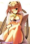  ;) absurdres artist_name bare_shoulders bikini blush book breasts brown_hair chair copyright_request crossed_legs glasses green_eyes highres holding holding_book jewelry lounge_chair medium_breasts one_eye_closed ring sakura_nitouhei scan short_hair sitting smile solo swimsuit twintails wrist_cuffs 