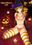  bikini black_gloves blonde breasts cameltoe candle cape earrings elbow_gloves fire gloves green_eyes halloween jack-o&#039;-lantern large_breasts mizugi nipples oppai pubic_hair pumpkin sitting striped_thighhighs thighhighs transparent_clothing twin_tails witch_hat 