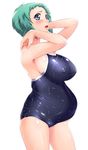  aqua_hair arms_up blue_eyes blush breasts cleavage competition_swimsuit erect_nipples eureka huge_breasts mizugi open_mouth oppai pregnant short_hair shower surprised tagme wet 