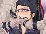  1girl 2boys bayonetta bayonetta_(character) blush censored earring earrings erection fellatio glasses group_sex gureko_rouman hairjob jewelry jousting long_hair mole multiple_boys oral penis sega sex spiral_brain sweat 