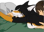  bed black black_hair border_collie breasts brown_hair canine censored couple darkghost dog eyes_closed female grooming hair hand_holding human interspecies licking long_hair lying massage naturally_censored orange pillow smirk tongue white 