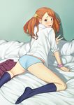  anjou_naruko ano_hi_mita_hana_no_namae_wo_bokutachi_wa_mada_shiranai. ass ass_focus asymmetrical_bangs bad_id bad_pixiv_id bangs bed blush feet from_behind harmaline highres jewelry looking_back orange_eyes orange_hair panties school_uniform shirt skirt sleeves_rolled_up smile socks solo twintails underwear v wavy_mouth 