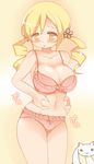  belly_grab blonde_hair bow bow_panties breasts cleavage deep_skin drill_hair hair_ornament kyubey large_breasts lingerie mahou_shoujo_madoka_magica open_mouth panties plump ririfu tomoe_mami underwear weight_conscious 