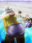  biceps bulge butt canine digimon hair human male mammal matt muscles outside plushie pool size_difference swimming swimming_pool swimsuit tai taichi_kamiya unknown_artist wargreymon water were weregarurumon werewolf wolf zudomon 