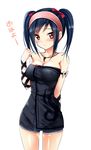  bare_shoulders black_hair blush hairband jewelry monster_hunter monster_hunter_portable_3rd nargacuga_(armor) necklace shorts solo towel twintails zinno 