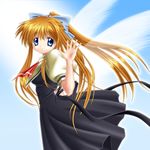  air blonde_hair blue_eyes bow breasts feathers hair_bow kamio_misuzu kawakami_tomoko long_hair medium_breasts mushoku_no_hourousha ponytail school_uniform smile solo very_long_hair waving wings 